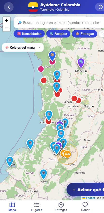 Mapa en vivo de Ayúdame Colombia con los puntos reportados en todo el país