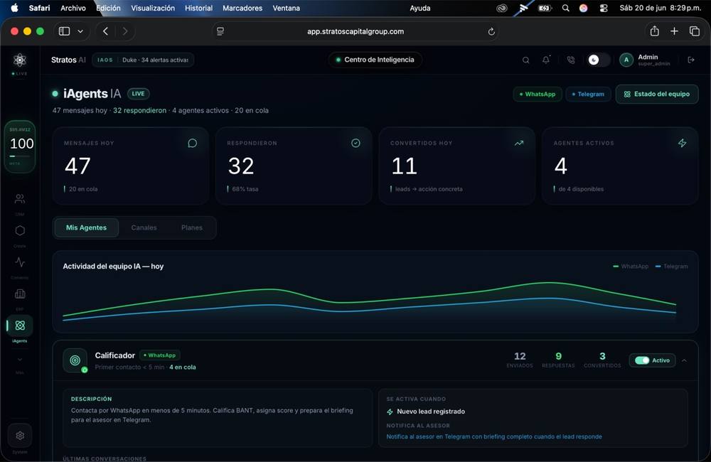 Equipo de agentes de IA en vivo: mensajes, conversiones y BANT